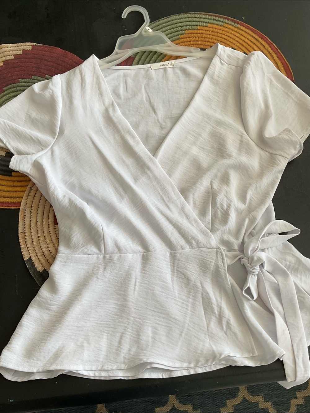 Timing White Faux Wrap Peplum Top XL Short Sleeve V-Neck Tie Side Blouse